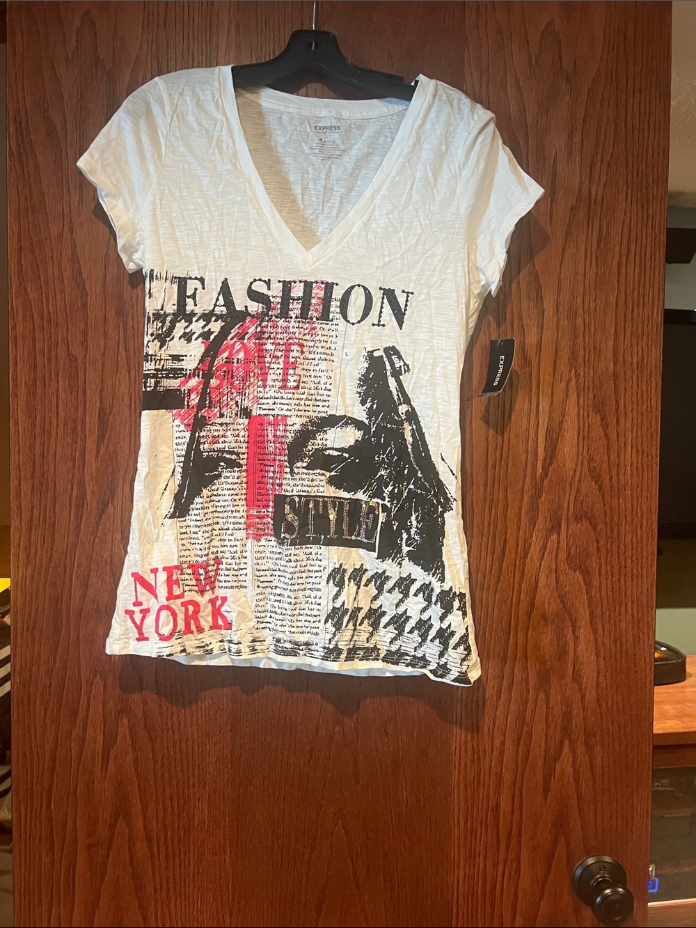 Express White V-Neck Graphic Tee with Black & Red Print
